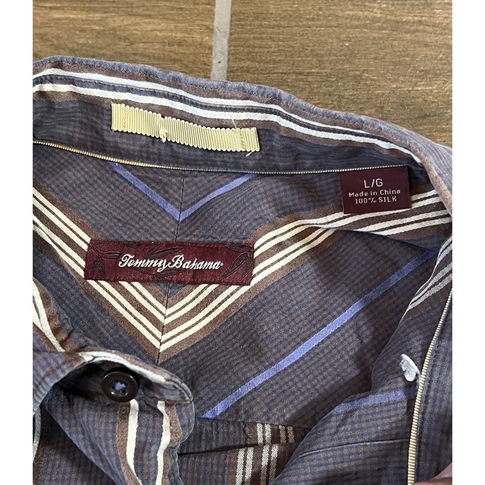 Tommy Bahama Men's 100% Silk Button Down Shirt Brown & Blue Stripe Size Large L - Picture 4 of 8